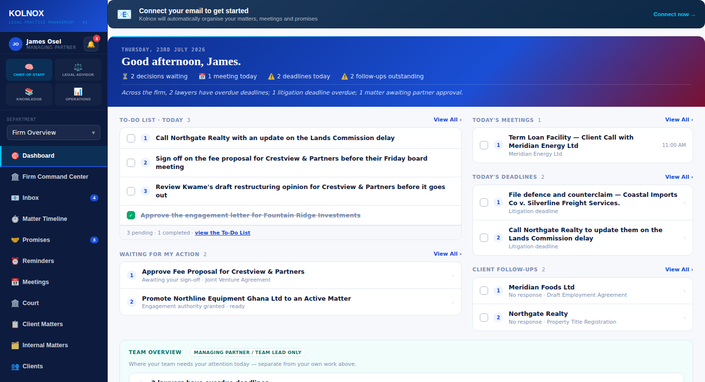 KOLNOX Legal demo dashboard showing tasks, deadlines, meetings and client follow-ups